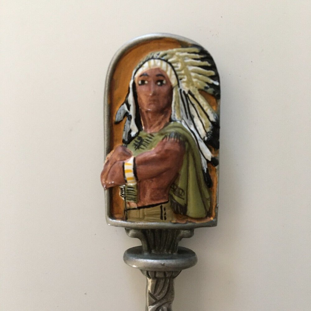Franklin Mint Indian Figure Bloch Bros Mail Pouch Tobacco Pewter Souvenir Spoon